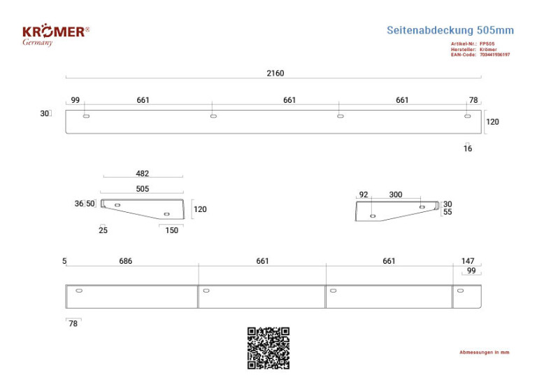 Technical drawing of an optional side cover for a 4-post lift with an overall length of 2160 mm.
